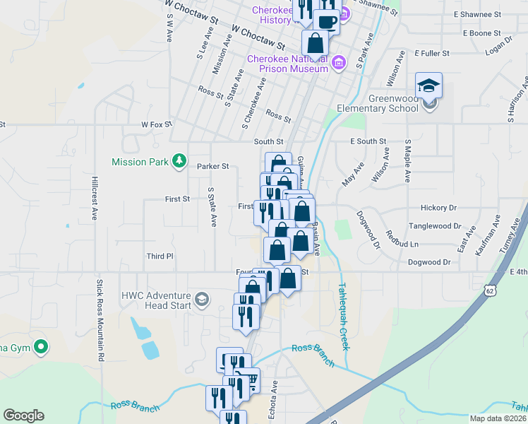 map of restaurants, bars, coffee shops, grocery stores, and more near 909 South College Avenue in Tahlequah