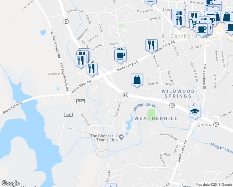 map of restaurants, bars, coffee shops, grocery stores, and more near 130 Beechwood Drive in Carrboro