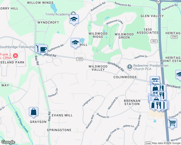 map of restaurants, bars, coffee shops, grocery stores, and more near 3101 Club Drive in Raleigh