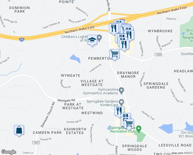 map of restaurants, bars, coffee shops, grocery stores, and more near 9104 Shallcross Way in Raleigh