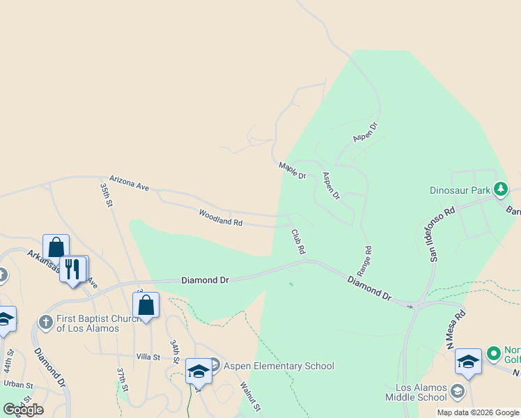 map of restaurants, bars, coffee shops, grocery stores, and more near 2880 Arizona Avenue in Los Alamos