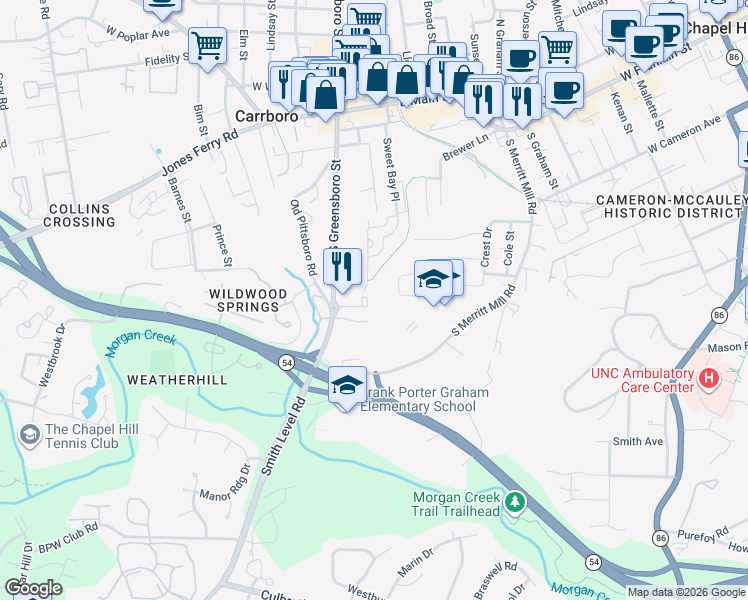 map of restaurants, bars, coffee shops, grocery stores, and more near 212 Purple Leaf Place in Carrboro