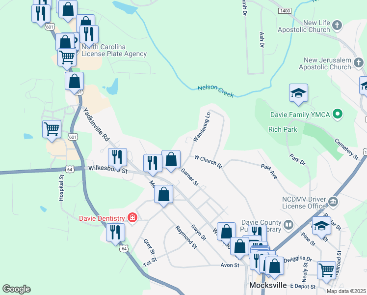 map of restaurants, bars, coffee shops, grocery stores, and more near 864 Garner Street in Mocksville
