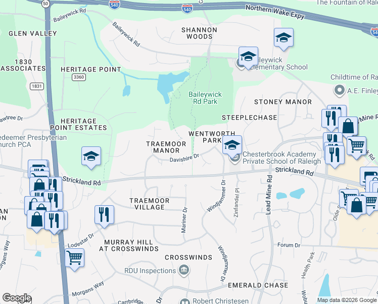 map of restaurants, bars, coffee shops, grocery stores, and more near 9016 Leverton Lane in Raleigh