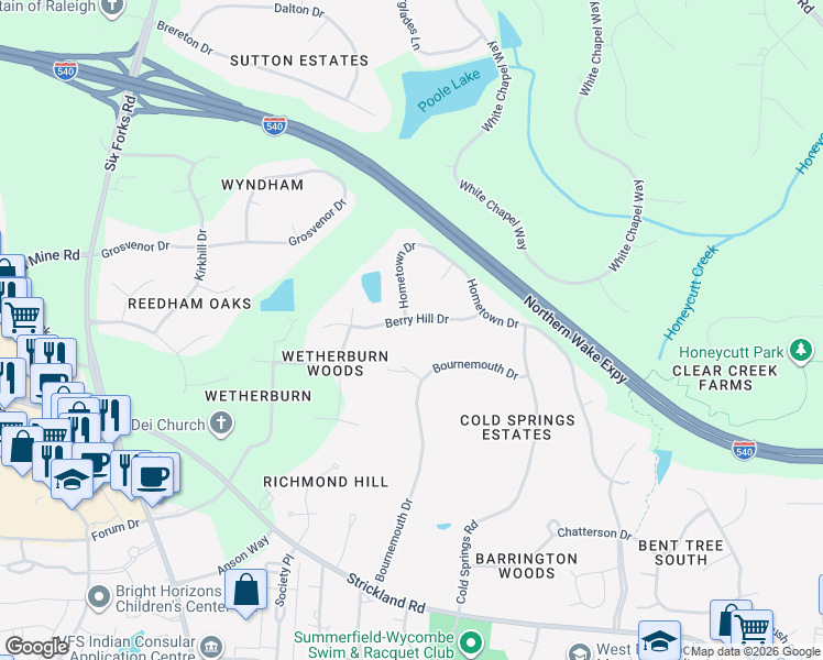 map of restaurants, bars, coffee shops, grocery stores, and more near 129 Berry Hill Drive in Raleigh