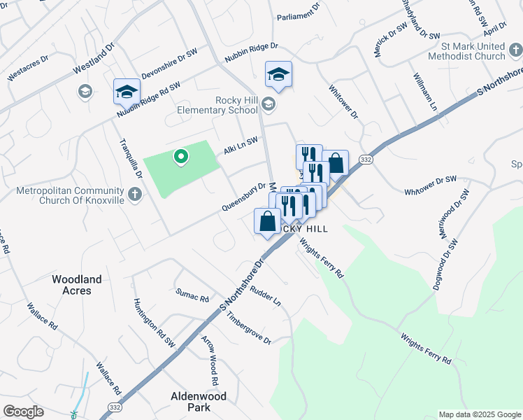 map of restaurants, bars, coffee shops, grocery stores, and more near 7725 Village Drive in Knoxville