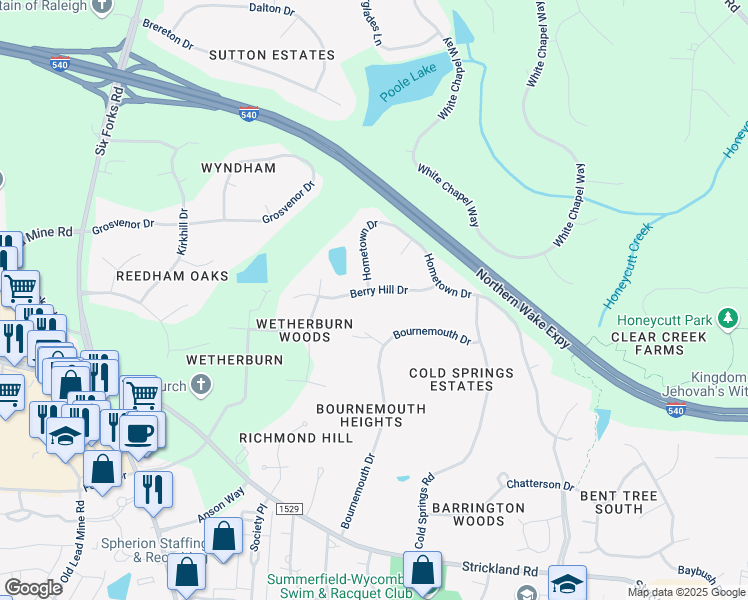 map of restaurants, bars, coffee shops, grocery stores, and more near 129 Berry Hill Drive in Raleigh