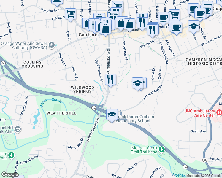 map of restaurants, bars, coffee shops, grocery stores, and more near 130 Two Hills Drive in Carrboro