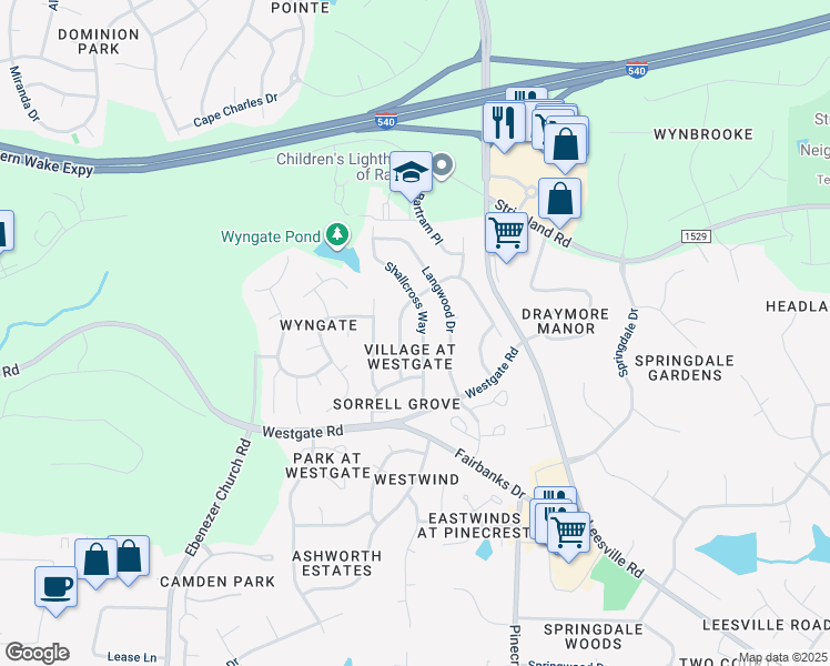 map of restaurants, bars, coffee shops, grocery stores, and more near 9105 Shallcross Way in Raleigh
