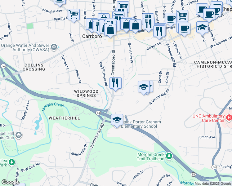 map of restaurants, bars, coffee shops, grocery stores, and more near 130 Two Hills Drive in Carrboro