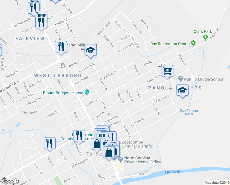 map of restaurants, bars, coffee shops, grocery stores, and more near 411 East Baker Street in Tarboro