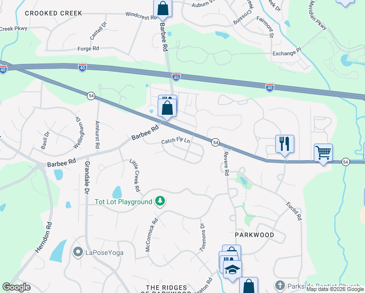 map of restaurants, bars, coffee shops, grocery stores, and more near 1104 Lotus Lilly Drive in Durham