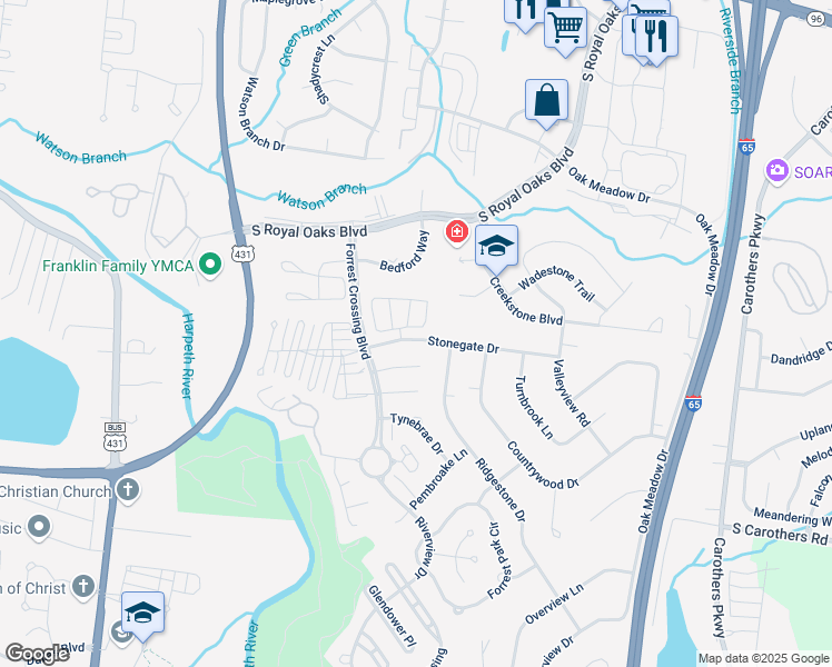 map of restaurants, bars, coffee shops, grocery stores, and more near 2100 Roderick Place East in Franklin