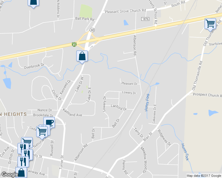 map of restaurants, bars, coffee shops, grocery stores, and more near 84 Lowery Drive in Thomasville