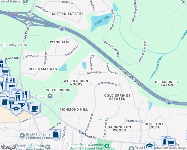 map of restaurants, bars, coffee shops, grocery stores, and more near 129 Berry Hill Drive in Raleigh