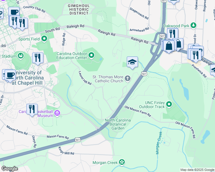 map of restaurants, bars, coffee shops, grocery stores, and more near 100 Laurel Hill Circle in Chapel Hill