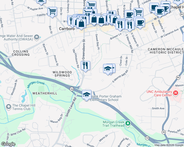 map of restaurants, bars, coffee shops, grocery stores, and more near 212 Purple Leaf Place in Carrboro