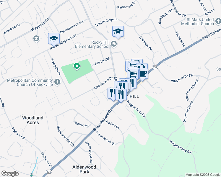 map of restaurants, bars, coffee shops, grocery stores, and more near 7725 Village Drive in Knoxville