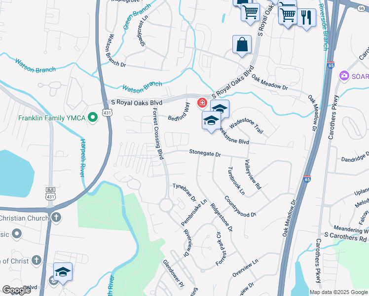 map of restaurants, bars, coffee shops, grocery stores, and more near 2100 Roderick Place East in Franklin