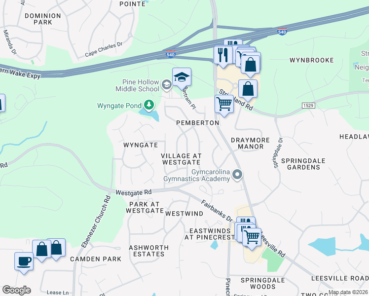 map of restaurants, bars, coffee shops, grocery stores, and more near 9105 Shallcross Way in Raleigh