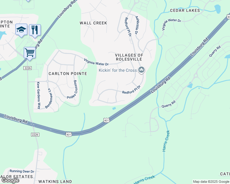map of restaurants, bars, coffee shops, grocery stores, and more near 225 Stoke Hammond Court in Rolesville