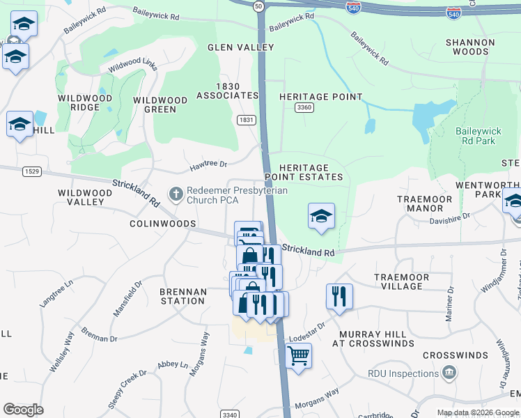 map of restaurants, bars, coffee shops, grocery stores, and more near 8409 Azalea Place in Raleigh
