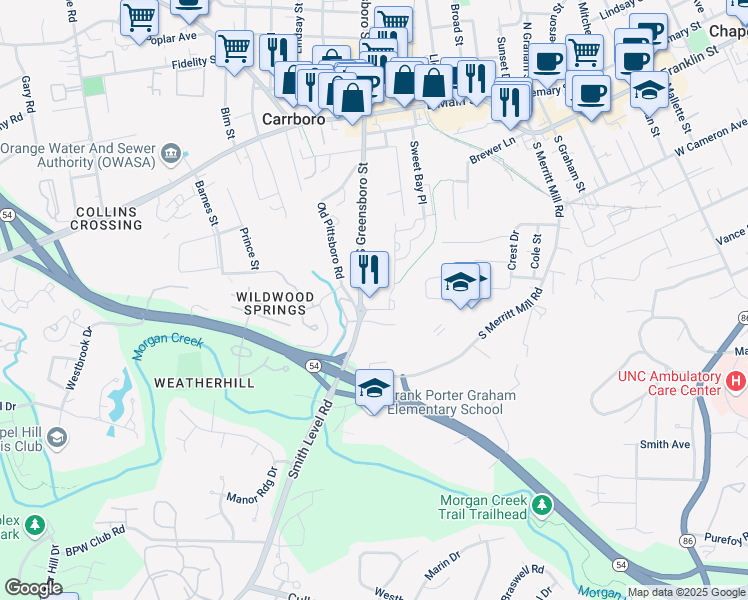 map of restaurants, bars, coffee shops, grocery stores, and more near 440 South Greensboro Street in Carrboro