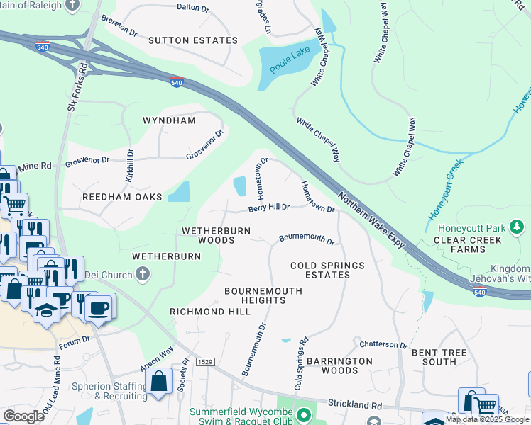 map of restaurants, bars, coffee shops, grocery stores, and more near 129 Berry Hill Drive in Raleigh