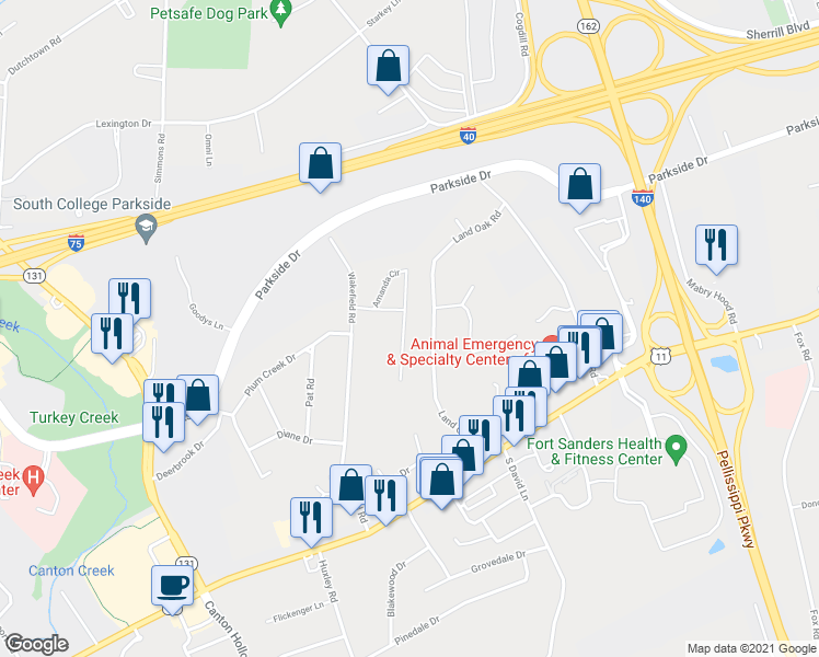 map of restaurants, bars, coffee shops, grocery stores, and more near 312 Camelot Court in Knoxville
