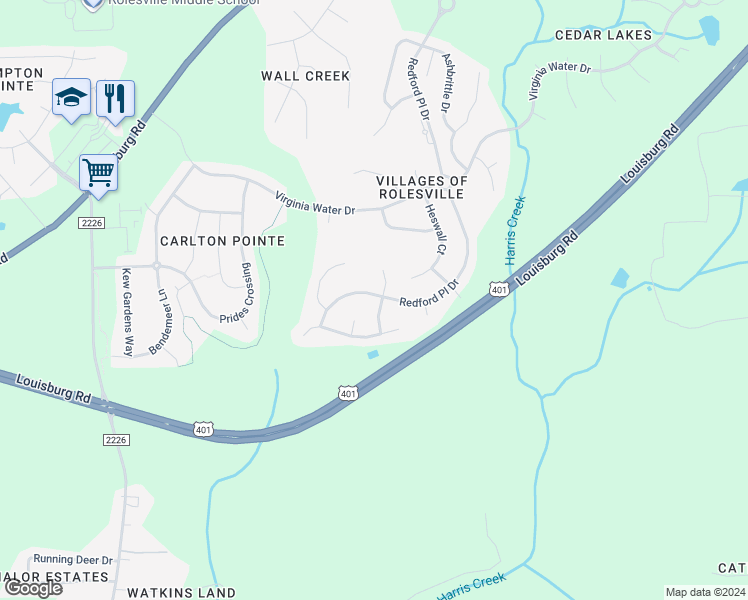 map of restaurants, bars, coffee shops, grocery stores, and more near 225 Stoke Hammond Court in Rolesville