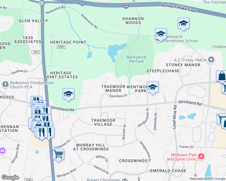 map of restaurants, bars, coffee shops, grocery stores, and more near 9005 Leverton Lane in Raleigh