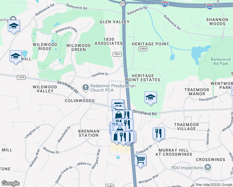 map of restaurants, bars, coffee shops, grocery stores, and more near 8409 Azalea Place in Raleigh