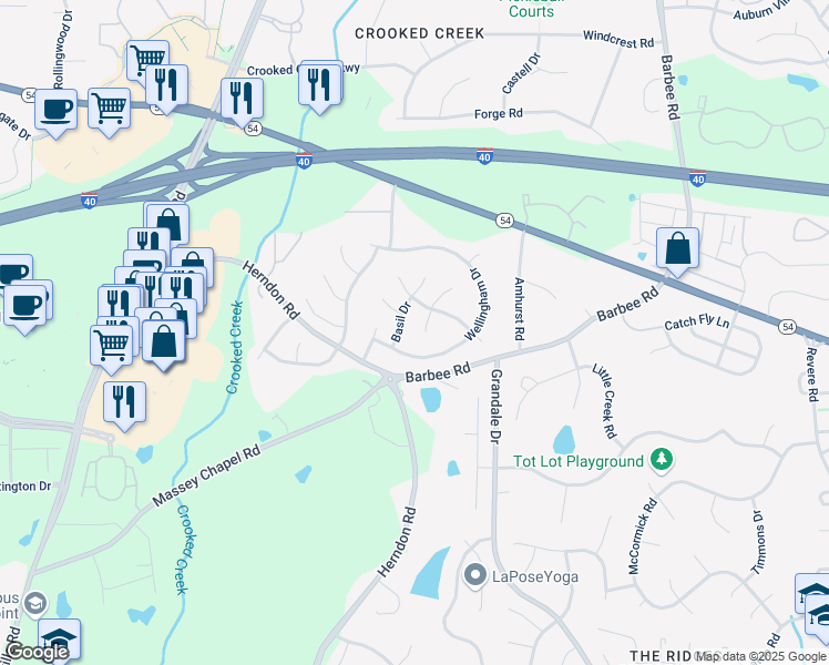 map of restaurants, bars, coffee shops, grocery stores, and more near 603 Oxboro Circle in Durham