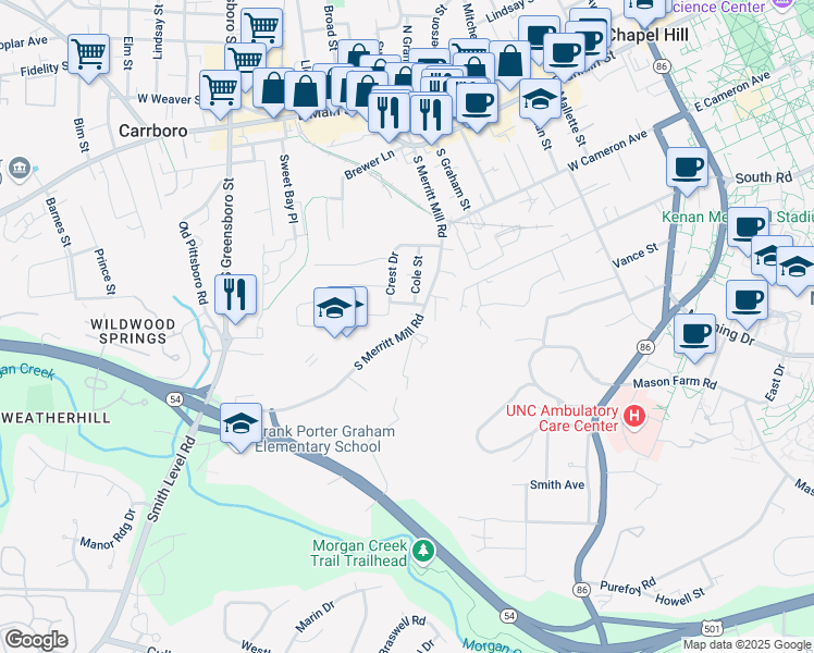 map of restaurants, bars, coffee shops, grocery stores, and more near 706 South Merritt Mill Road in Chapel Hill