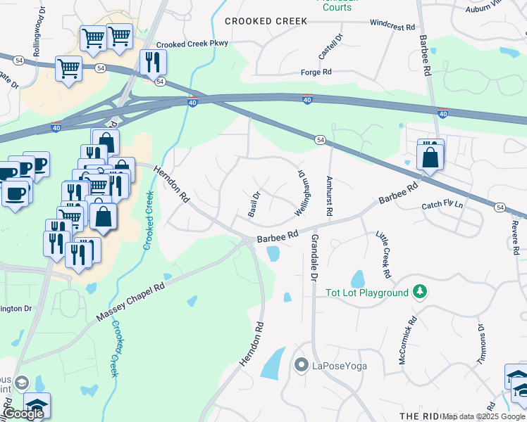 map of restaurants, bars, coffee shops, grocery stores, and more near 603 Oxboro Circle in Durham