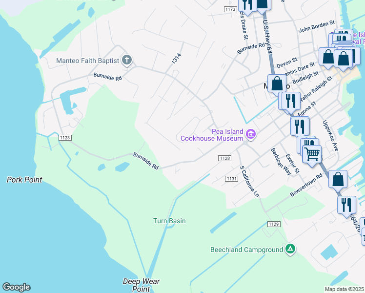 map of restaurants, bars, coffee shops, grocery stores, and more near 154 Jones Circle in Manteo