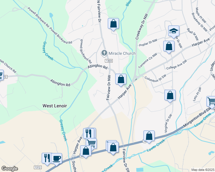 map of restaurants, bars, coffee shops, grocery stores, and more near 133 Fairview Drive Northwest in Lenoir