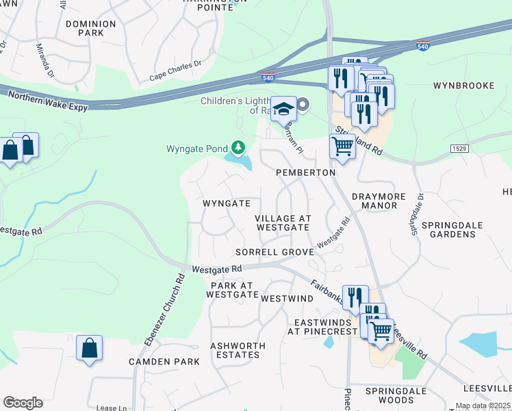 map of restaurants, bars, coffee shops, grocery stores, and more near 9129 Colony Village Lane in Raleigh