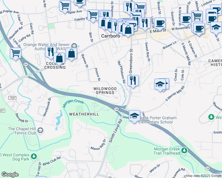 map of restaurants, bars, coffee shops, grocery stores, and more near 102 Barbee Court in Carrboro