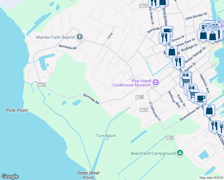 map of restaurants, bars, coffee shops, grocery stores, and more near 154 Jones Circle in Manteo