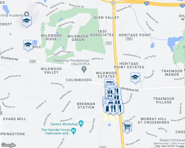 map of restaurants, bars, coffee shops, grocery stores, and more near 8420 Norman Estates Way in Raleigh