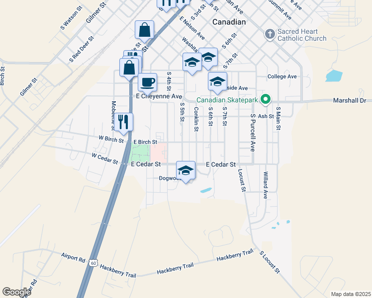 map of restaurants, bars, coffee shops, grocery stores, and more near 1015 South 5th Street in Canadian