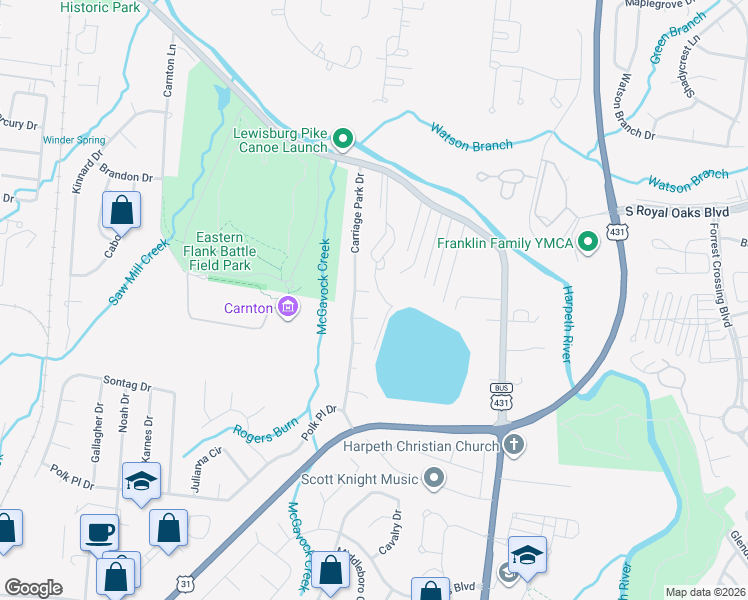 map of restaurants, bars, coffee shops, grocery stores, and more near 107 Woods Court in Franklin