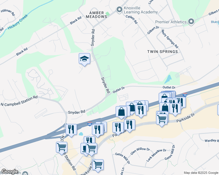 map of restaurants, bars, coffee shops, grocery stores, and more near 820 Tapestry Way in Knoxville