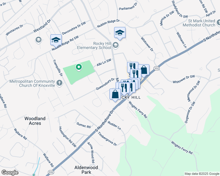 map of restaurants, bars, coffee shops, grocery stores, and more near 7725 Village Drive in Knoxville