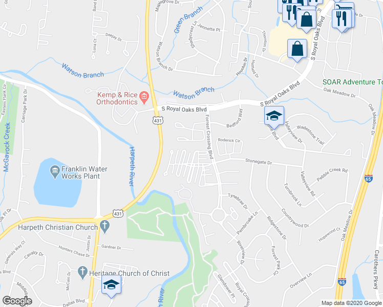 map of restaurants, bars, coffee shops, grocery stores, and more near 1637 Wellington Green in Franklin