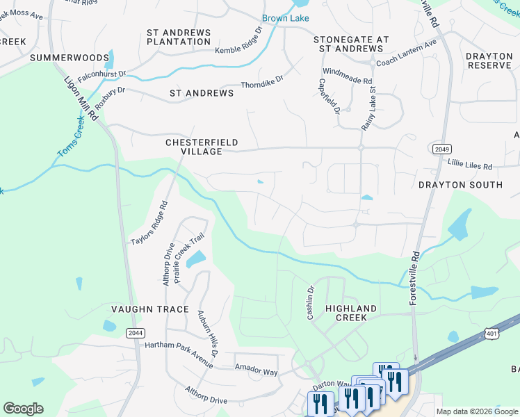 map of restaurants, bars, coffee shops, grocery stores, and more near 2613 Nordmann Fir Road in Wake Forest