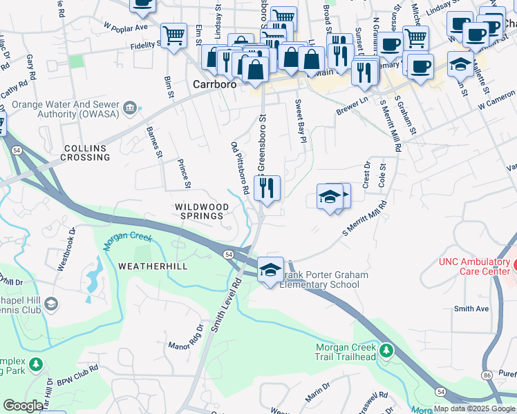 map of restaurants, bars, coffee shops, grocery stores, and more near 440 South Greensboro Street in Carrboro