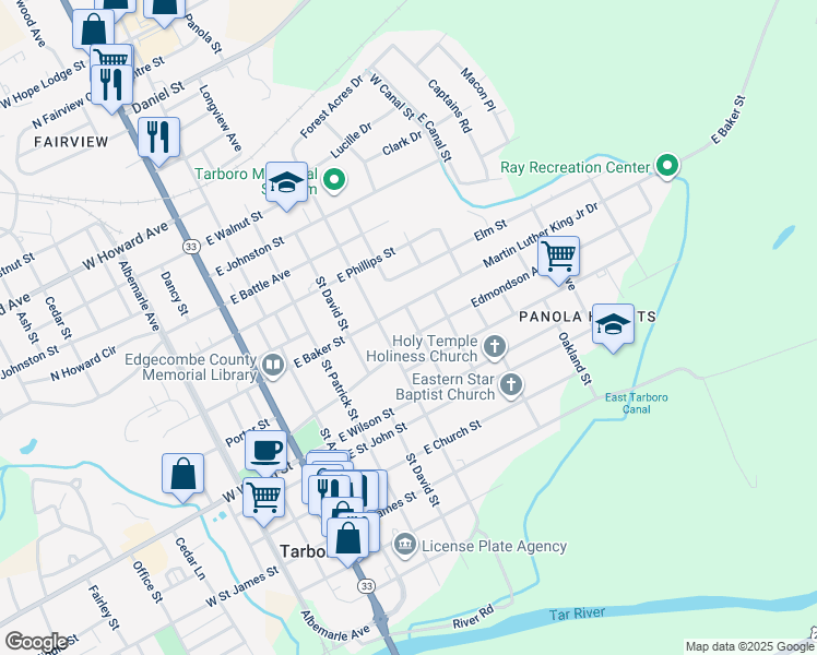 map of restaurants, bars, coffee shops, grocery stores, and more near 904 Cofield Street in Tarboro