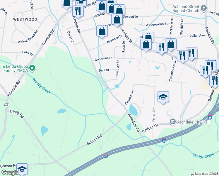 map of restaurants, bars, coffee shops, grocery stores, and more near 4313 Archdale Road in Archdale